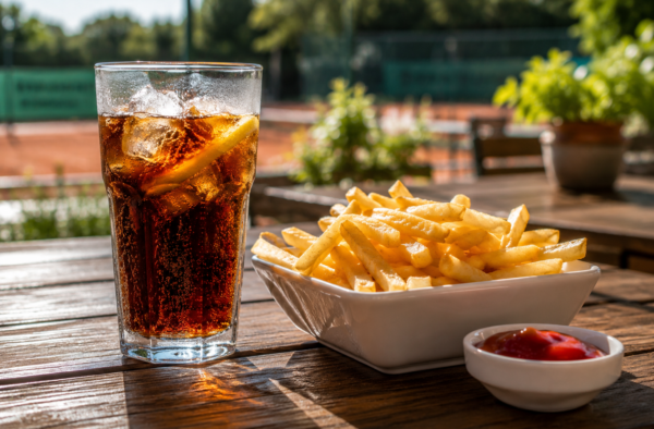 Erfrischendes Getränk und Fritten mit Ketchup