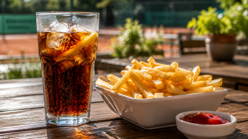 Erfrischendes Getränk und Fritten mit Ketchup