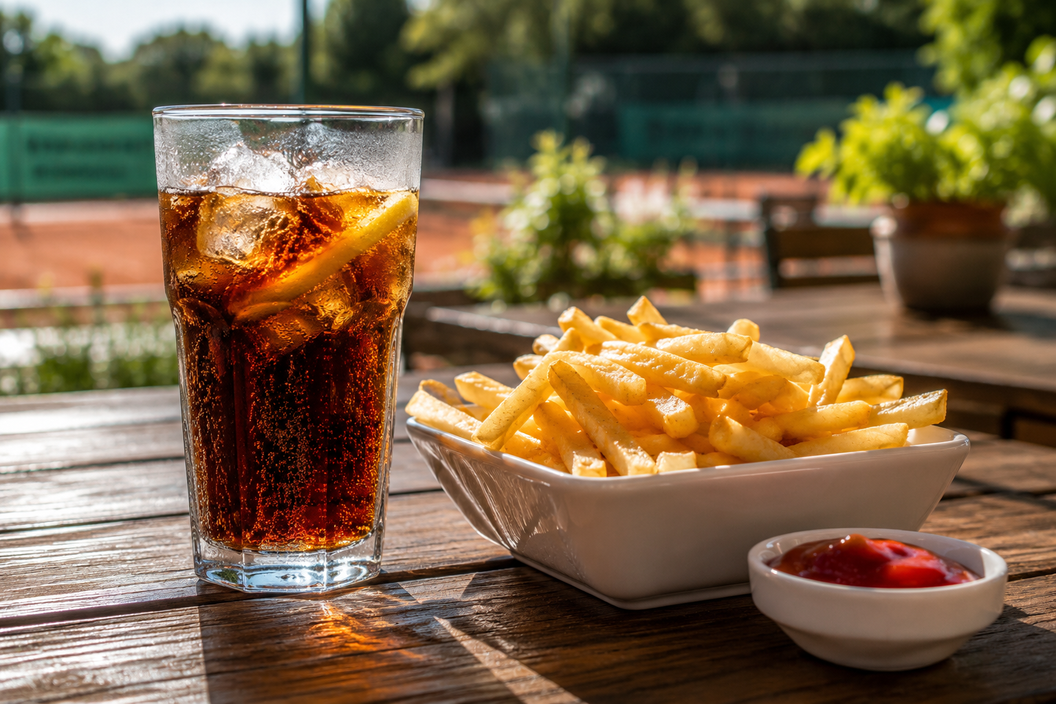 Erfrischendes Getränk und Fritten mit Ketchup